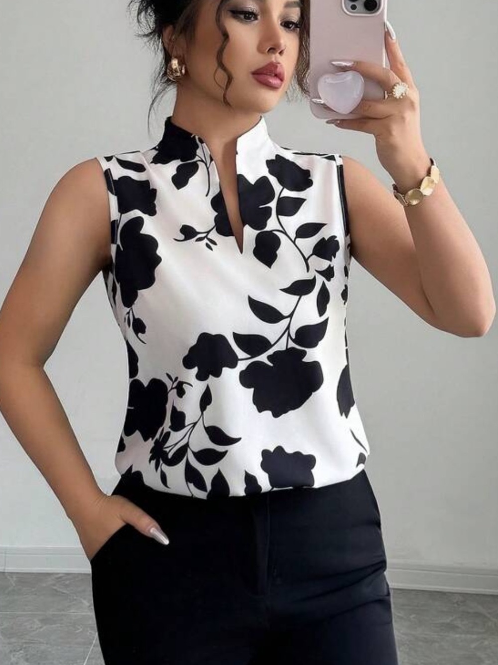 Sleeveless Black & White Floral V-Neck Blouse